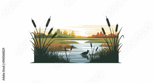 Pixel art marsh scene with bulrushes, water, trees, and a bird at dawn