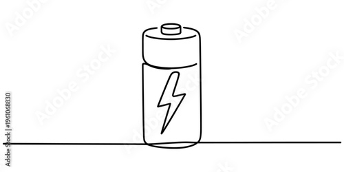 Continuous line drawing of a battery with a lightning bolt icon representing energy and power Vector, illustration