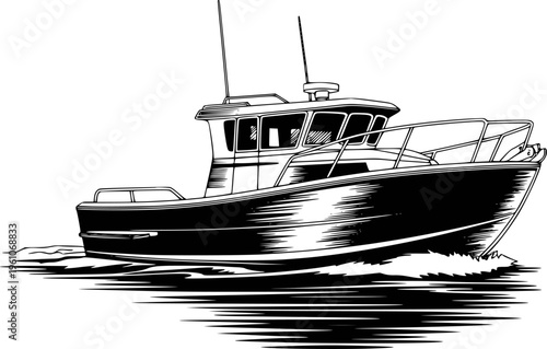 Black and white of a fishing boat sailing water with white background vessel