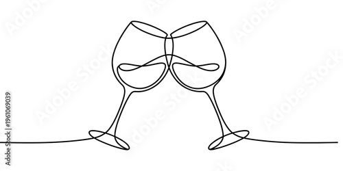 Continuous line drawing of two wine glasses clinking in a minimalist style for a toast. Vector, illustration