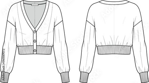 Women’s Cropped V-Neck Cardigan Technical Flat Sketch Vector Illustration with Drop Shoulders Ribbed Hem Cuffs and Front Button Down Closure