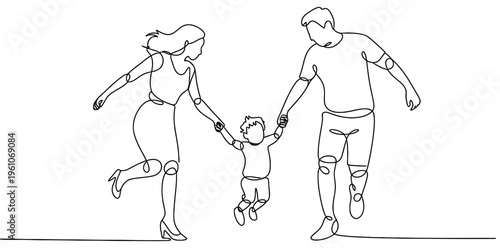 Continuous line drawing of a happy family with a mother, father, and child running together. Vector, illustration