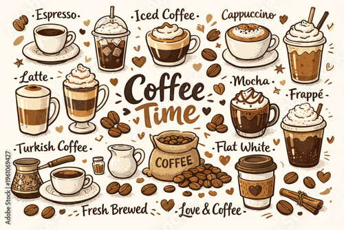 Cute Hand-Drawn Coffee Drinks and Beans Vector Set for Modern Cafe Design