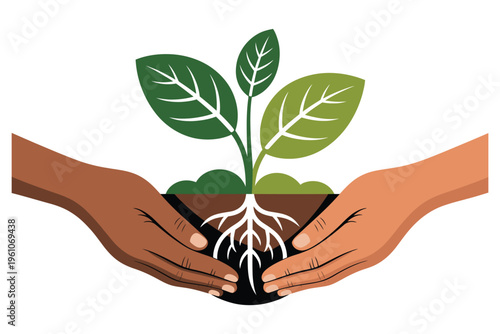 Two hands holding young plant with roots and soil environmental care earth day concept growth development