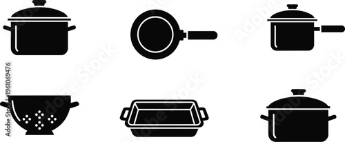 Kitchen cooking utensils stockpot with a lid, frying pan, saucepan, wok or deep cooking bowl, baking tray, and pressure cooker.