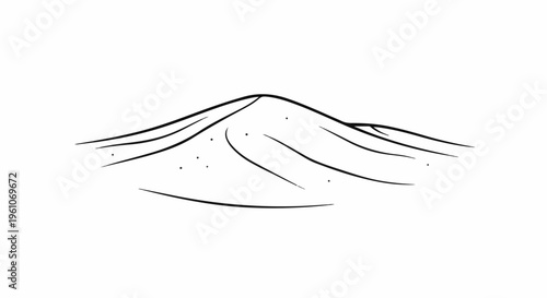 Minimalist black and white illustration of rolling hills and a prominent peak