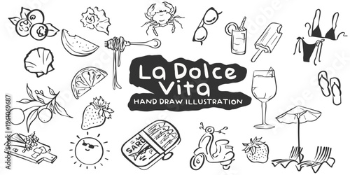 hand draw La dolce vita Italian lifestyle illustrations in line style. 