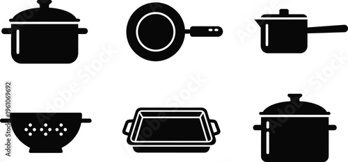 Kitchen cooking utensils stockpot with a lid, frying pan, saucepan, wok or deep cooking bowl, baking tray, and pressure cooker.