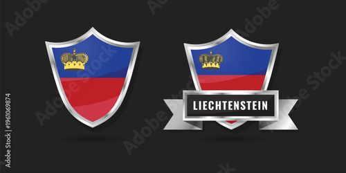Professional 3D metallic shield and ribbon featuring the flag of Liechtenstein. High-quality silver emblem for Liechtensteiner branding, icons, and patriotic identity.