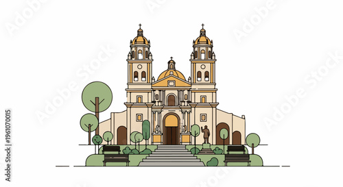 Minimalist depiction of a grand church facade with domed towers and trees