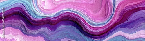 A vibrant abstract painting featuring swirling waves of pink, purple, and blue hues.