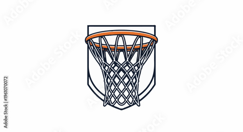 Minimalist graphic of a basketball hoop and net within a shield outline