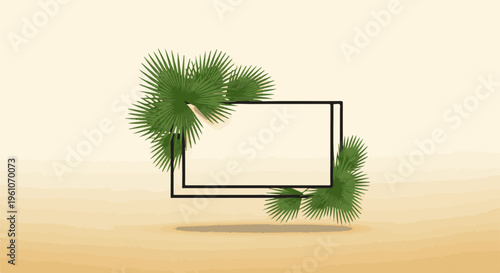 Minimalist frame with green palm leaves on a sandy background