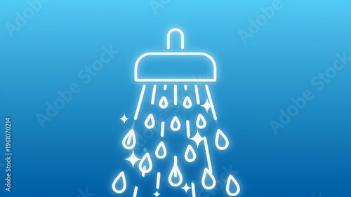 A white outline of a showerhead with falling water droplets