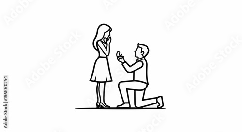 Man on knee proposing marriage to woman holding ring box