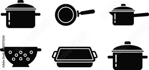 Kitchen cooking utensils stockpot with a lid, frying pan, saucepan, wok or deep cooking bowl, baking tray, and pressure cooker.
