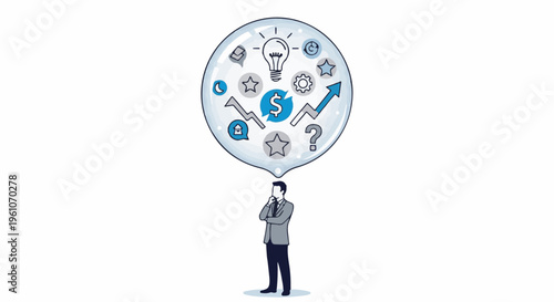Man ponders business ideas represented by icons within a thought bubble