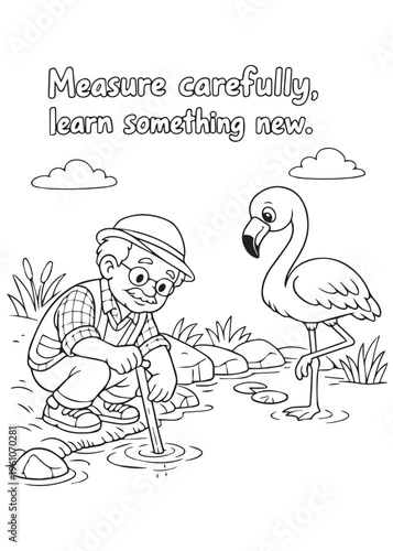 coloring book page grandfather measuring carefully while learning something new with a flamingo