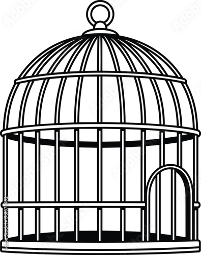 Bird cage line art vector illustration, vintage empty cage design, pet enclosure icon, decorative aviary element, black outline isolated on white background