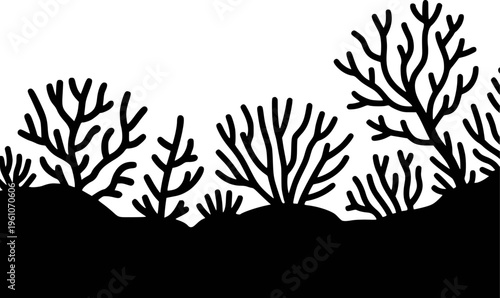 Black silhouette of branching coral reef formations a white background