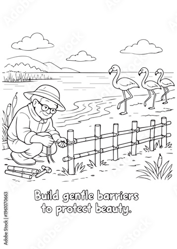 coloring book page grandfather building gentle barriers to protect flamingos
