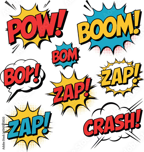  Pop art style comic sound effects, PNG Cartoon explosions, sound expression and comic speech bubble, set Victor Art no Background