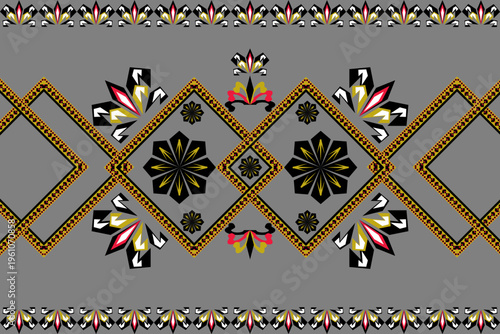 Elegant geometric floral pattern in black, gold, red, and white on a gray background. Inspired by traditional Thai motifs with modern symmetry. Ideal for textile, wallpaper, or decorative design.