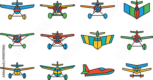 Cartoon airplane icon set featuring colorful small aircraft front and side views for aviation design illustration collection