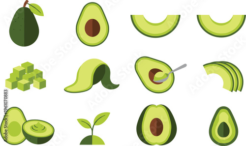 Avocado fruit icon set featuring whole sliced halves cubes seed and leaves in fresh healthy food illustrations