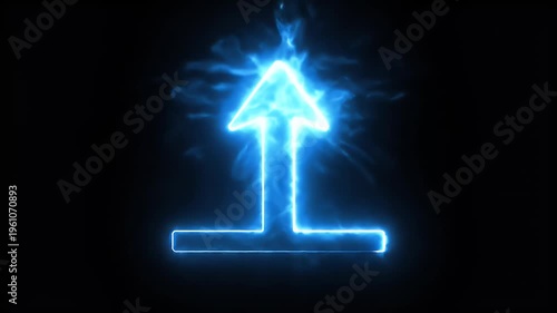 Glowing blue arrow pointing upwards with electric energy on black background