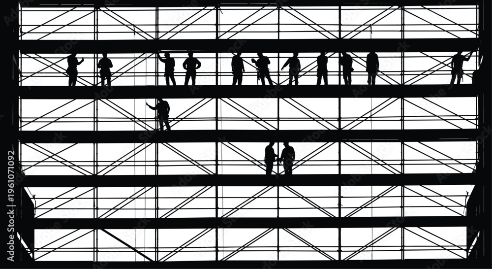 Fototapeta premium Construction workers silhouettes on scaffolding, industrial building structure framework, teamwork engineering concept, urban development scene, labor 