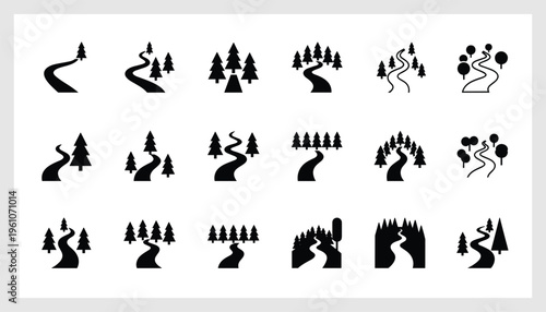 Collection of winding road silhouettes with trees and forest landscape elements vector illustration set for nature design