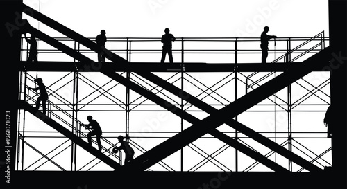 Construction workers on scaffolding silhouette, vector illustration, industrial labor scene, building site activity, black isolated figures, engineering and architecture workforce design concept