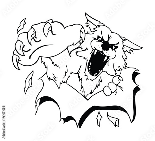 Aggressive Wildcat or Wolf Ripping Through Paper Silhouette Illustration