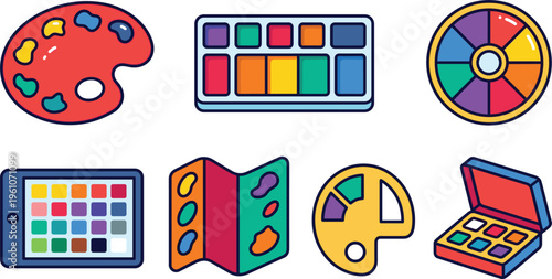 Colorful art supplies icons including paint palette watercolor set color wheel and digital tools vector illustration collection