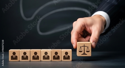 A hand places a wooden block with a justice scale symbol next to a row of blocks with human figures, representing legal and HR concepts.