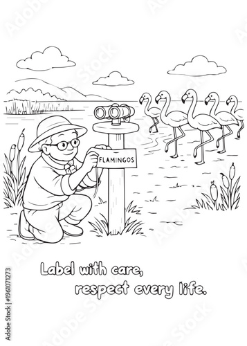 coloring book page grandfather labeling flamingos with care and respect