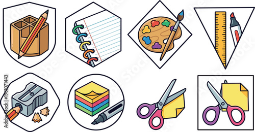 Colorful school stationery vector icons featuring pencils notebook palette ruler scissors sharpener sticky notes and creative classroom tools