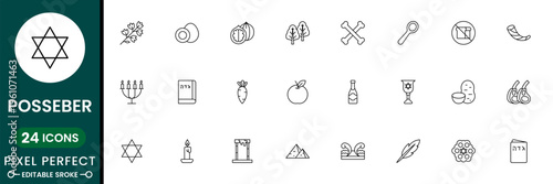 Passover icon set with Jewish holiday symbols, seder plate, matzah and tradition elements modern editable outline vector collection
