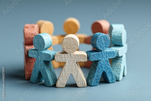 Unity and Diversity in Circle: Interlocking wooden figures symbolize community, embracing diversity and interconnectedness in a vibrant display.