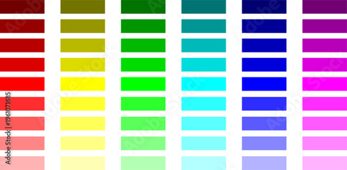 Vibrant color palette swatches, professional rainbow gradient chart, set of 60 colorful rectangular tiles for graphic design and branding isolated on Transparent Background