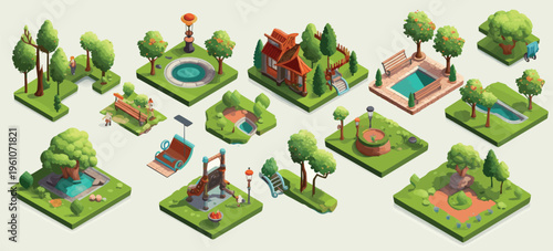 Isometric Park Elements Set, Green Garden Landscape Map Constructor Vector