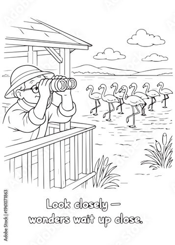coloring book page grandfather watching flamingos closely through binoculars