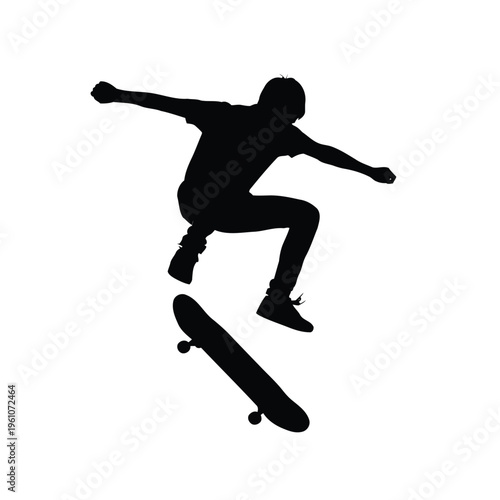 Skateboarding action sports silhouette of young boy performing trick on white background