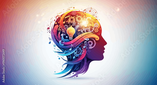 Artistic representation of a creative mind with gears and lightbulb