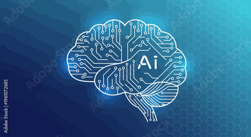 Artificial intelligence concept design with circuit brain over a blue background