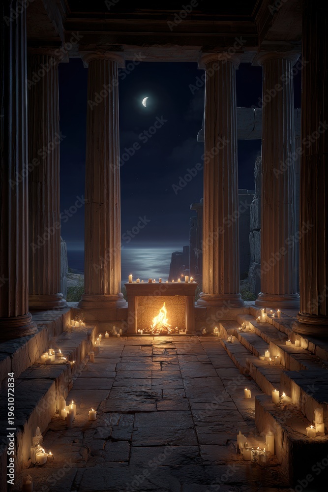 Fototapeta premium Space universe exploration, fantasy. A dramatic portrayal of an ancient temple at night, illuminated by a crescent moon. The temple features tall.