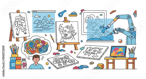 Artistic process illustration featuring robot art supplies and drawing canvas