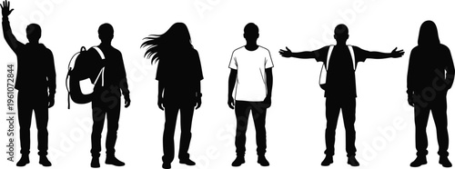 Black silhouette set of young students and people with backpacks standing in various poses isolated on white background for education.