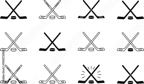 Ice hockey crossed sticks and puck icon set featuring outline and solid styles sports equipment symbols collection